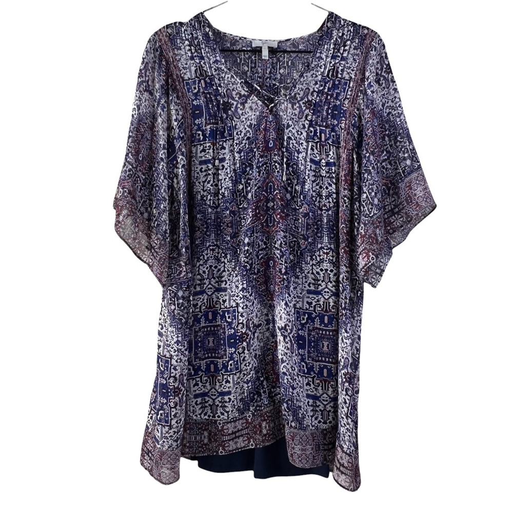 Joie Womens Tunic Dress Blue White Hadiya Print Keyhole Neck Tie 3/4 Sleeve XS